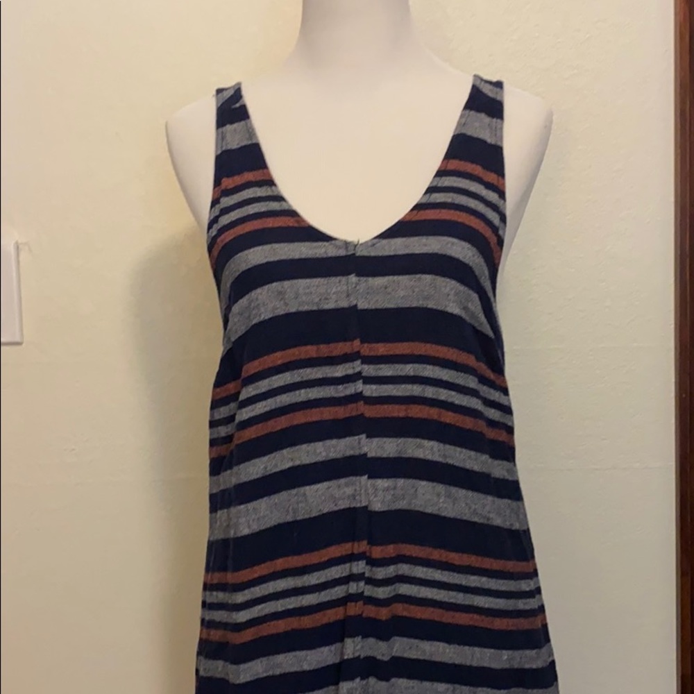 Blue grey and red light denim dress with pockets.